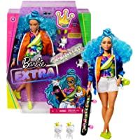 Barbie Extra Muñeca articulada con pelo azul rizado- accesorios de moda y mascotas (Mattel GRN30)